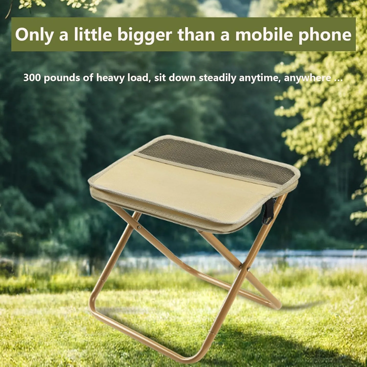 Foldable Backpack Stool, Portable Mini Outdoor Camping Folding Seat with Adjustable Shoulder Strap, Mini Camping Collapsible Stool, 250lb Capacity for Fishing Travel Picnics Hiking BBQ (Khaki,S)