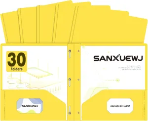 Folders with Pockets,SANXUEWJ 30 Pack Two Pocket Folders Business Card Holder Plastic Folders with Prongs for School Office Filing Cabinet Resume Portfolio (Yellow)