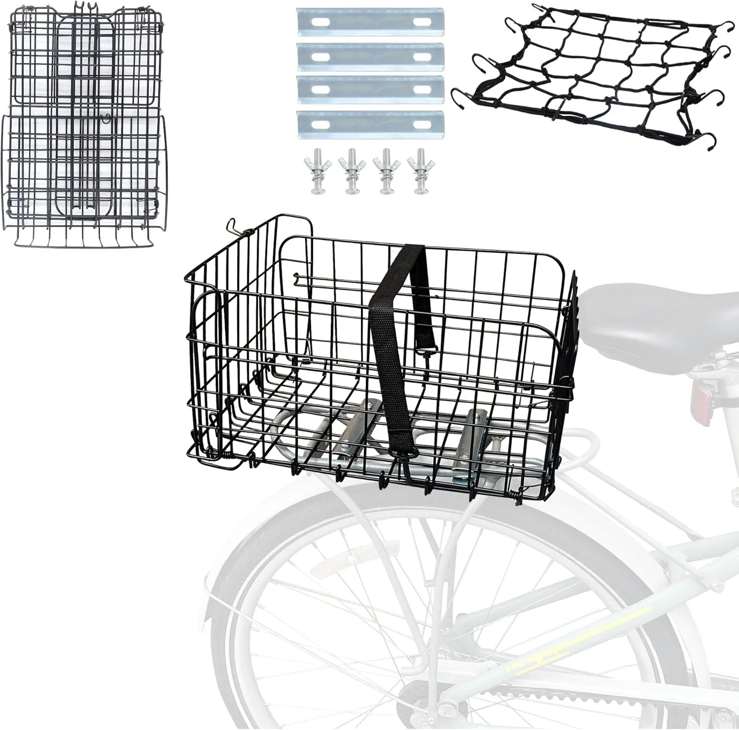 Folding Bike Basket - Steel Wire Front & Rear Baskets for Bike Handlebar/Rear Cargo Rack, Black/Silvery