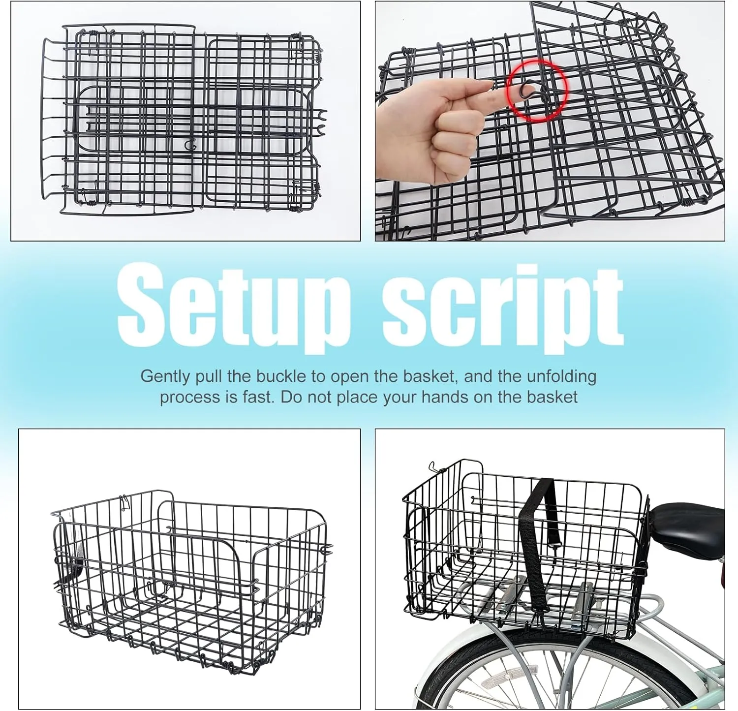 Folding Bike Basket - Steel Wire Front & Rear Baskets for Bike Handlebar/Rear Cargo Rack, Black/Silvery