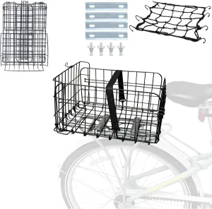 Folding Bike Basket - Steel Wire Front & Rear Baskets for Bike Handlebar/Rear Cargo Rack, Black/Silvery