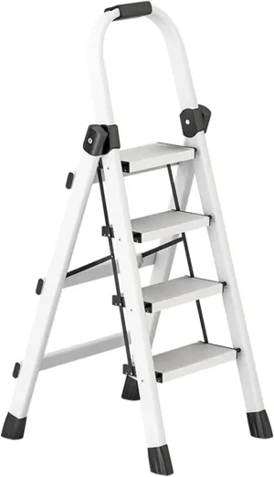 Folding Engineering Ladder Household Climbing Herringbone Ladder Portable Aluminum Alloy Flower Stand, red Color/Gray Color/Black Color/White Color (Color : White, Size : 4-Step Ladder)