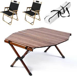 Folding Picnic Table Chair Set, Portable Beech Roll-up Table Top Camping Table Lightweight Foldable Chairs for Indoor, Outdoor, Easy to Carry, Walnut Color