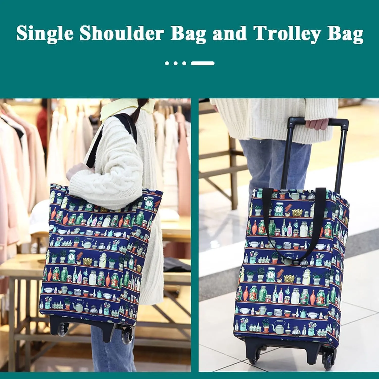 Folding Shopping Cart, Shopping Bag with Wheels Foldable Lightweight, Trolley Grocery Bags Waterproof Insulated Shopping Grocery Utility Carts