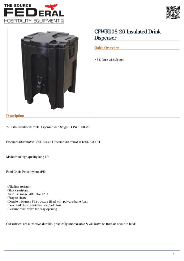 Food Tek CPWK008-26 Insulated Drink Dispenser