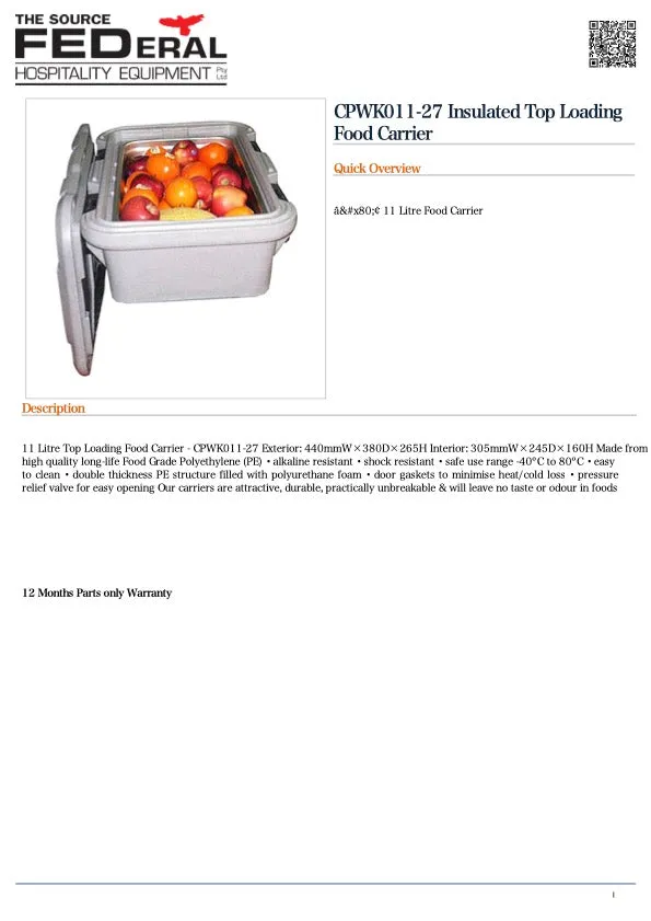 Food Tek CPWK011-27 Insulated Top Loading Food Carrier