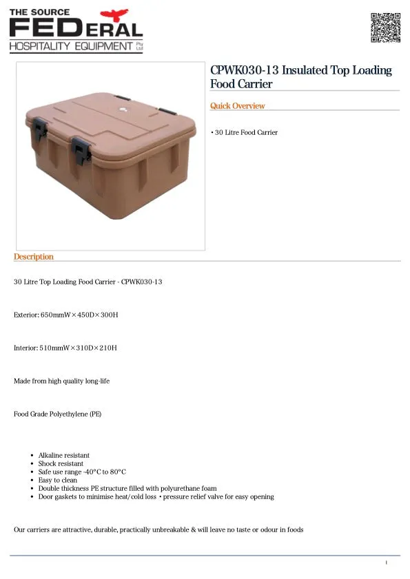 Food Tek CPWK030-13 Insulated Top Loading Food Carrier