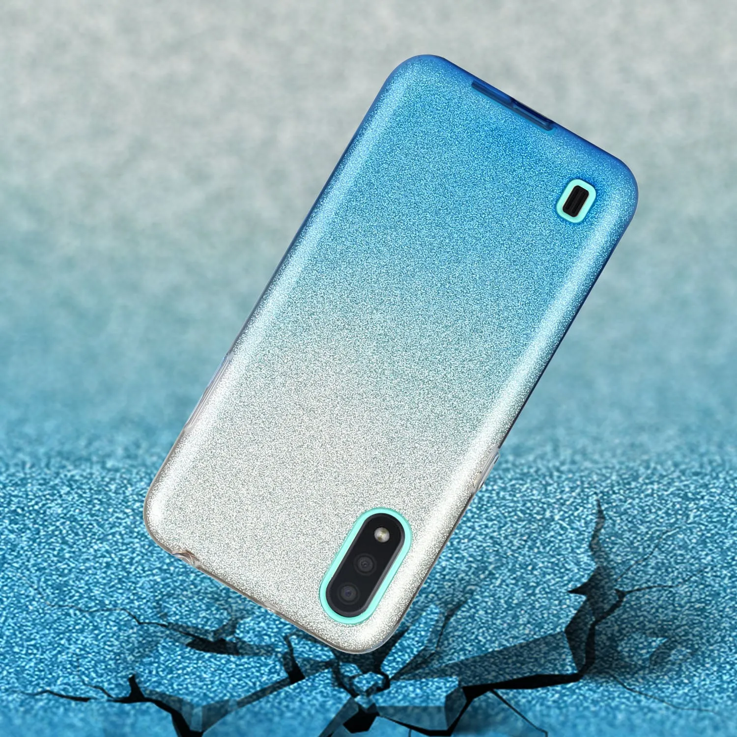For Samsung A01/A11 European version/A31/A71 Phone Case Gradient Color Glitter Powder Phone Cover with Airbag Bracket blue