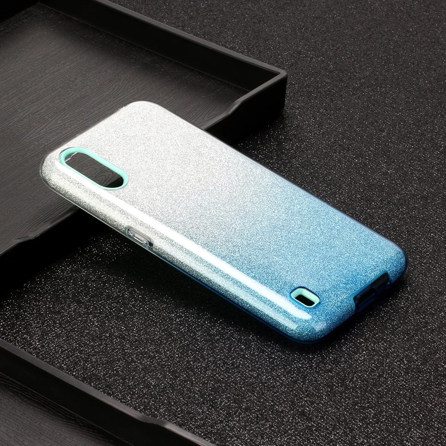 For Samsung A01/A11 European version/A31/A71 Phone Case Gradient Color Glitter Powder Phone Cover with Airbag Bracket blue