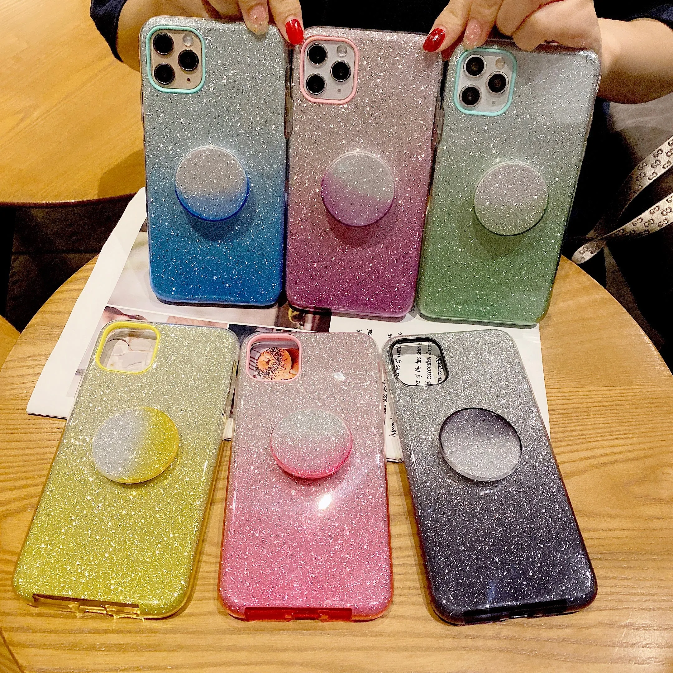 For Samsung A01/A11 European version/A31/A71 Phone Case Gradient Color Glitter Powder Phone Cover with Airbag Bracket blue