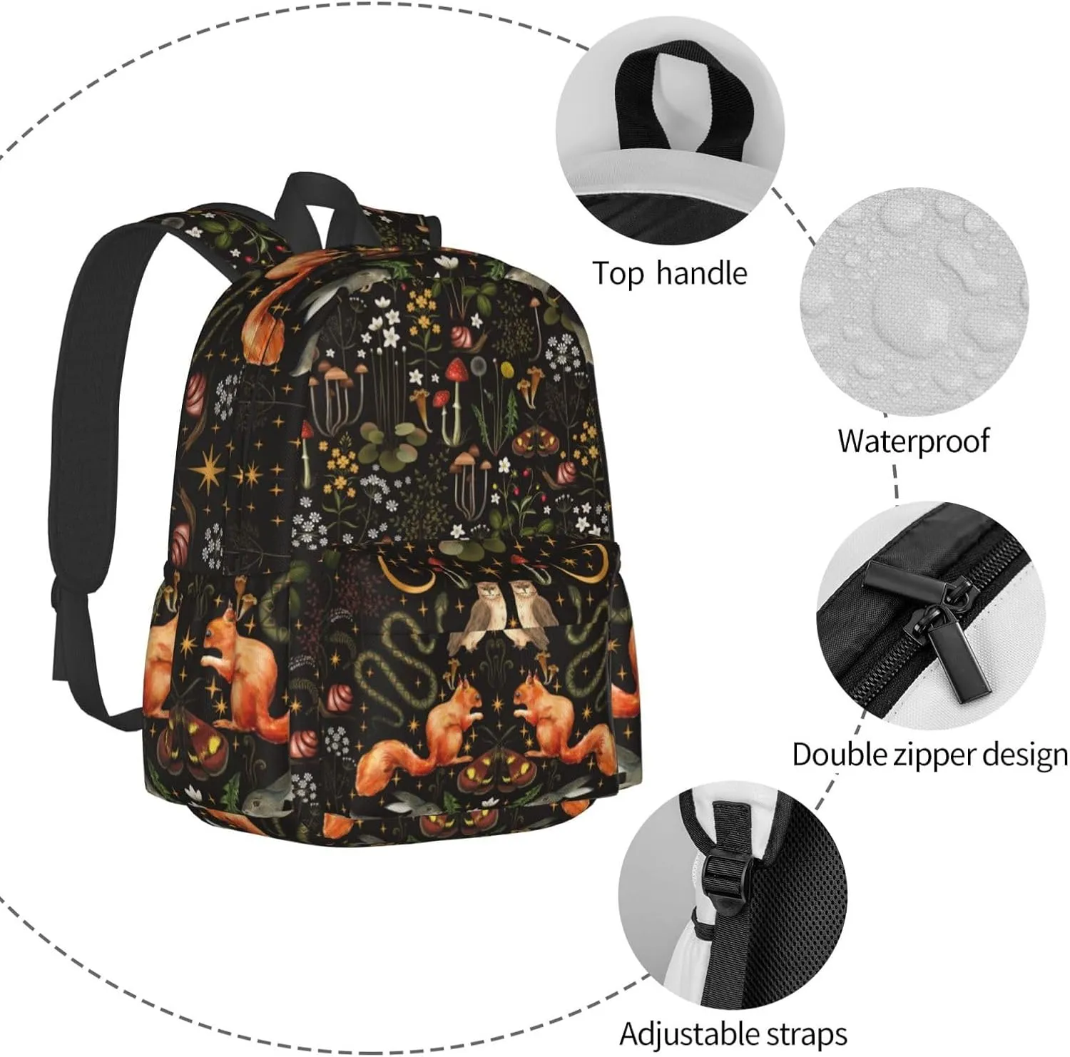 Forest Flower Mushroom Waterproof Backpack Adjustable Shoulder Straps Bag Large Capacity Casual Daypack Bookbag For Travel Work