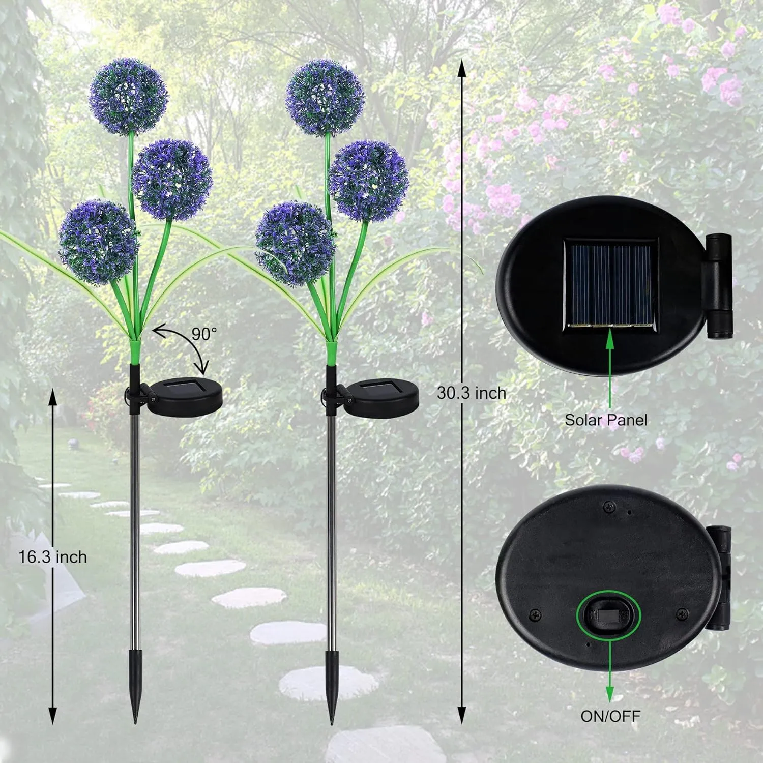 FORUP 2 Pack Solar Garden Stake Lights, Outdoor Solar Lights in Dandelion Flower Design, LED Solar Powered Lights for Patio, Lawn, Garden, Yard Decoration, Purple & Green