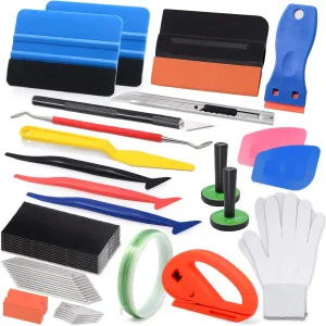 FOSHIO Window Tint Vinyl Wrap Tool Kit with 5M Knife Tape, Felt Squeegee, Micro Squeegee, Wrap Magnets Holders, Gloves, Safety Cutter, Utility Knife, Plastic Razor Blades Vinyl Application