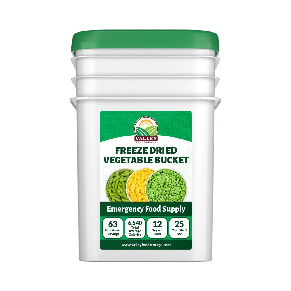 Freeze Dried Vegetable Bucket | 12 Pouches Premium Emergency Food Supply | Survival Food 25 Year Shelf Life | Camping Food, Backpacking Meals, Prepper Supplies | Valley Food Storage Packaged in USA