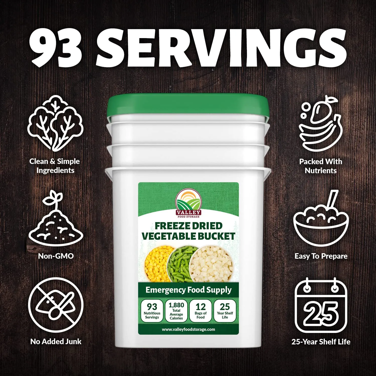 Freeze Dried Vegetable Bucket | 12 Pouches Premium Emergency Food Supply | Survival Food 25 Year Shelf Life | Camping Food, Backpacking Meals, Prepper Supplies | Valley Food Storage Packaged in USA