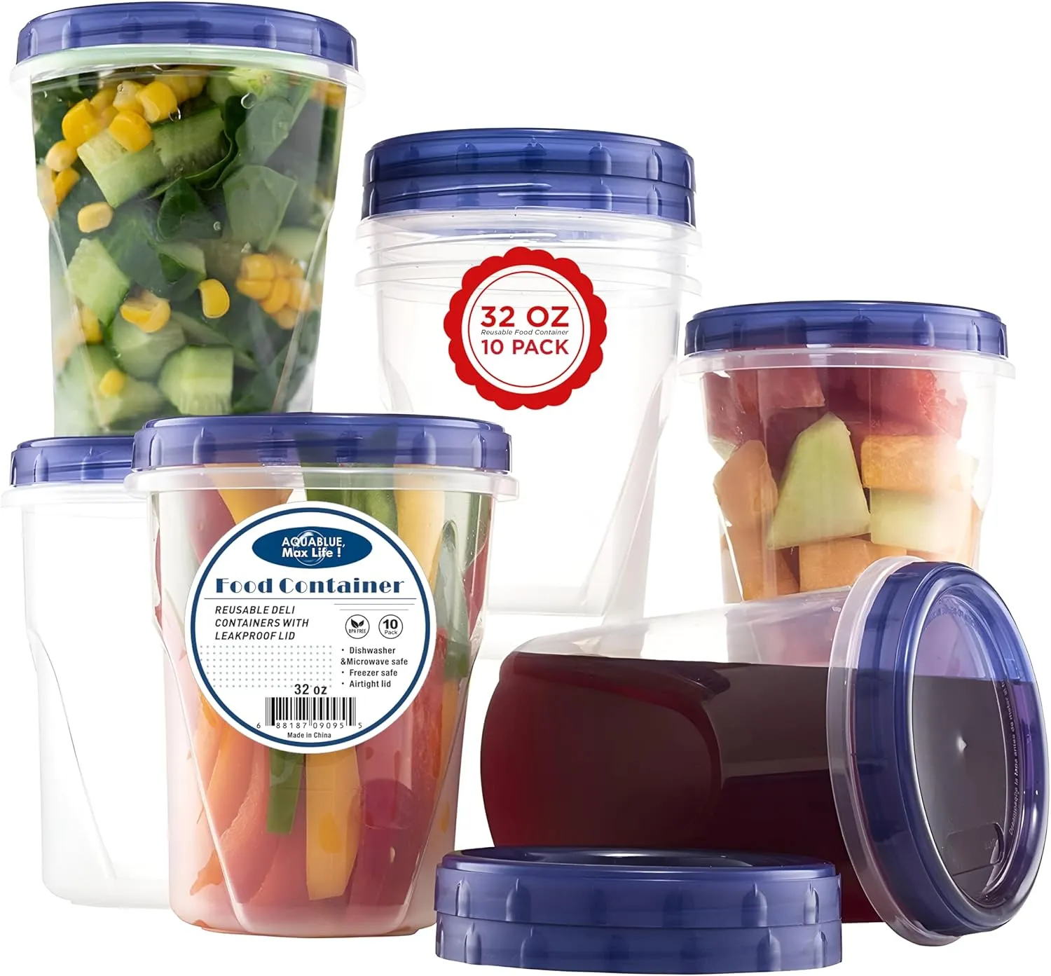 Freezer Soup Food Storage Containers With Screw On lids [32 Oz - 10 Pack] Reusable Plastic Food Freezer Safe Container, leak proof, Airtight, Stackable, Microwave, BPA Free