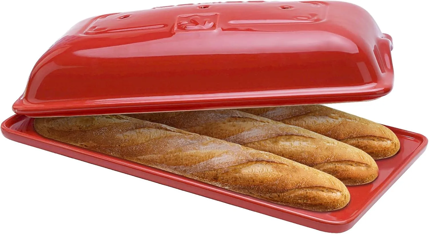 French Bread Baking Pan with Three Independent Slots and Cover,Ceramic Rectangular Bread Baking Tray with Even Heating and Crispy Crusts