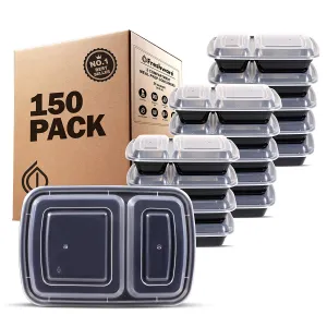 Freshware 150-Pack 2 Compartment Bento Lunch Boxes with Lids - Stackable, Reusable, Microwave, Dishwasher & Freezer Safe - Meal Prep, Portion Control, 21 Day Fix & Food Storage Containers (25oz)