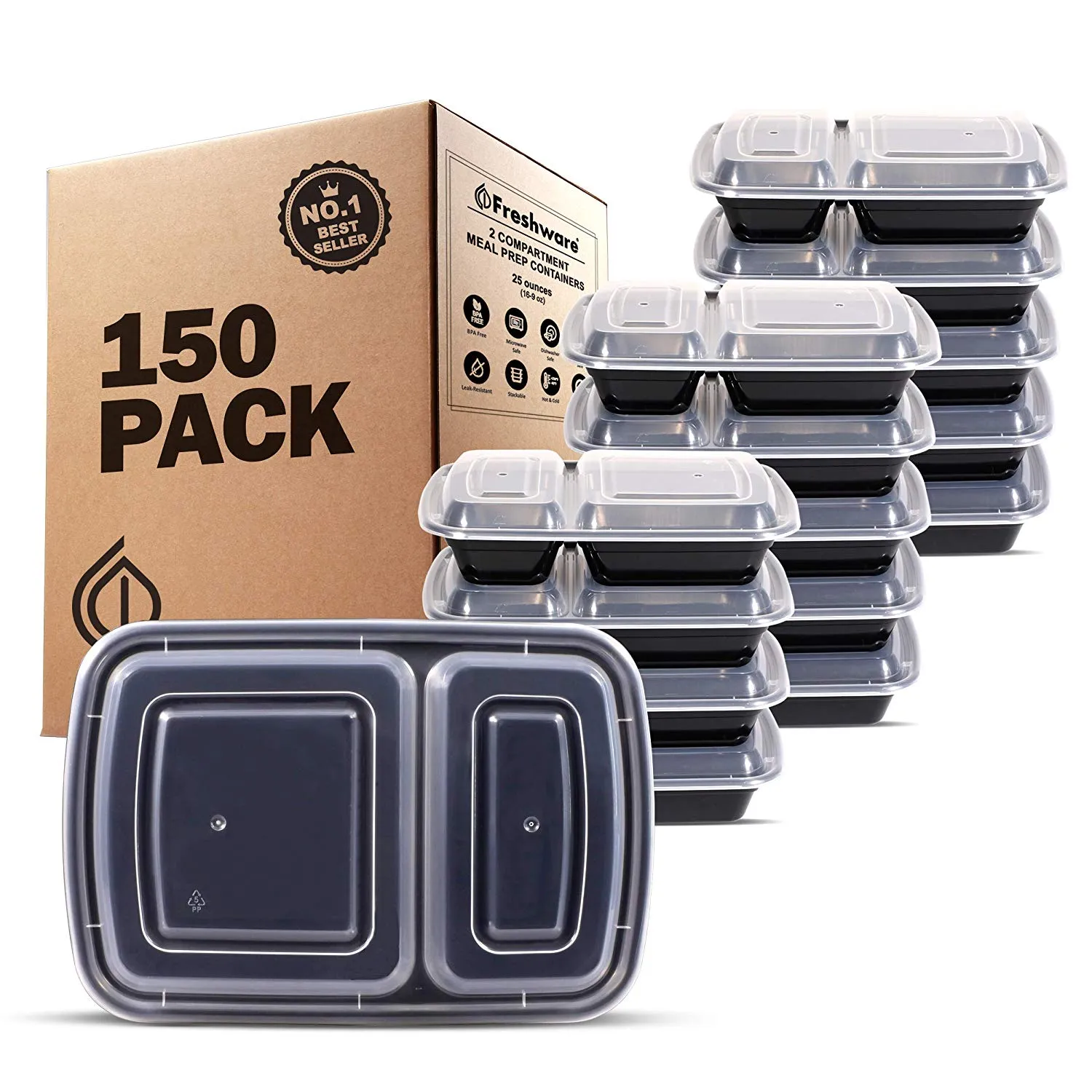 Freshware 150-Pack 2 Compartment Bento Lunch Boxes with Lids - Stackable, Reusable, Microwave, Dishwasher & Freezer Safe - Meal Prep, Portion Control, 21 Day Fix & Food Storage Containers (25oz)