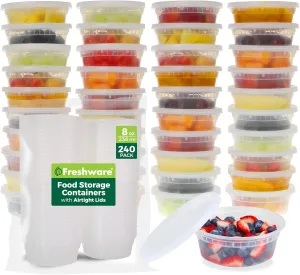 Freshware Food Storage Containers [240 Set] 8 oz Plastic Deli Containers with Lids, Slime, Soup, Meal Prep Containers, BPA Free, Stackable, Leakproof, Microwave, Dishwasher and Freezer Safe