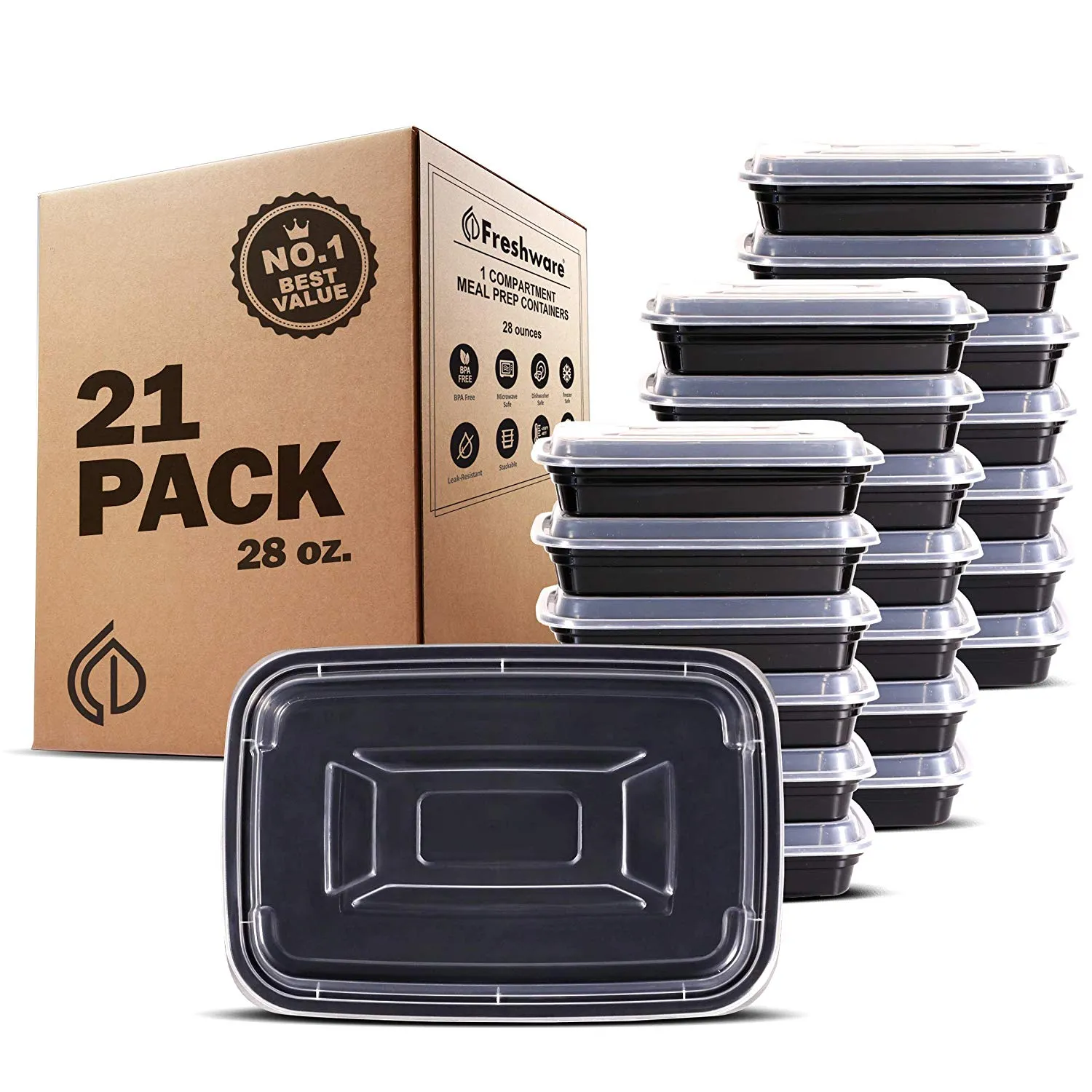 Freshware Meal Prep Containers [21 Pack] 1 Compartment with Lids, Food Storage Bento Box | BPA Free | Stackable | Lunch Boxes, Microwave/Dishwasher/Freezer Safe, Portion Control, 21 day fix (28 oz)