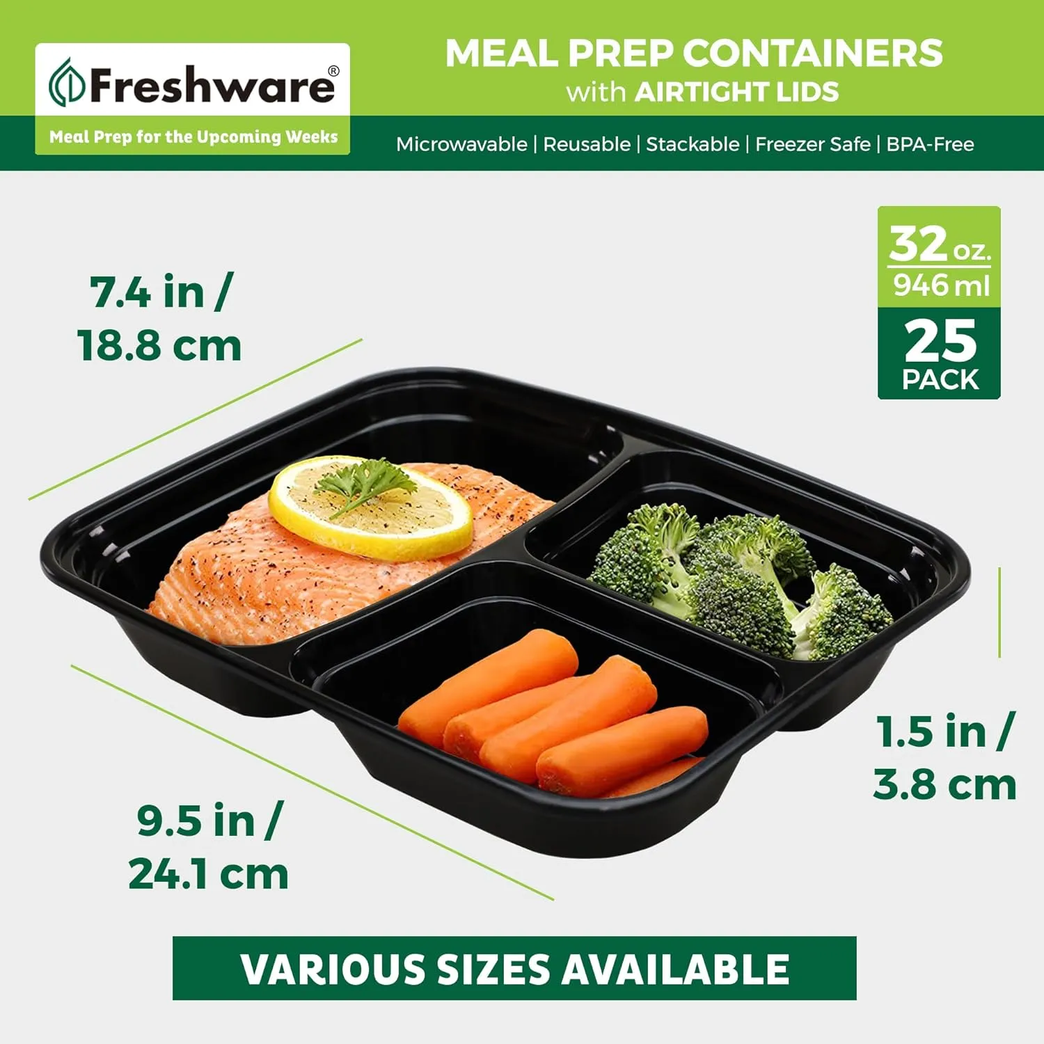 Freshware Meal Prep Containers [25 Pack] 3 Compartment with Lids, Food Storage Containers, Bento Box, Stackable, Microwave/Dishwasher Safe (32 oz)
