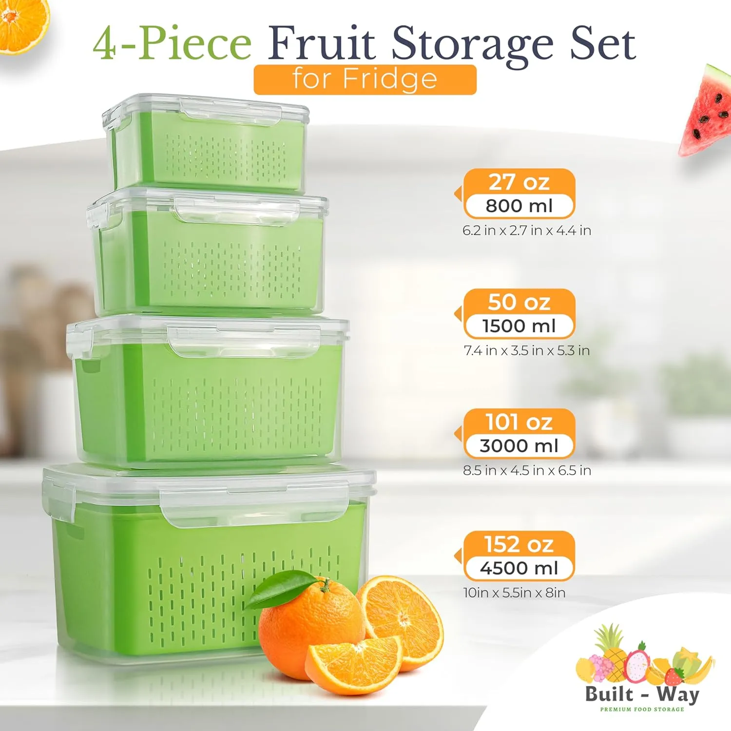 Fruit Storage Containers for Fridge | Fruit Vegetable Storage & Produce Storage | Space-Saving Produce Containers for Fridge (Green)