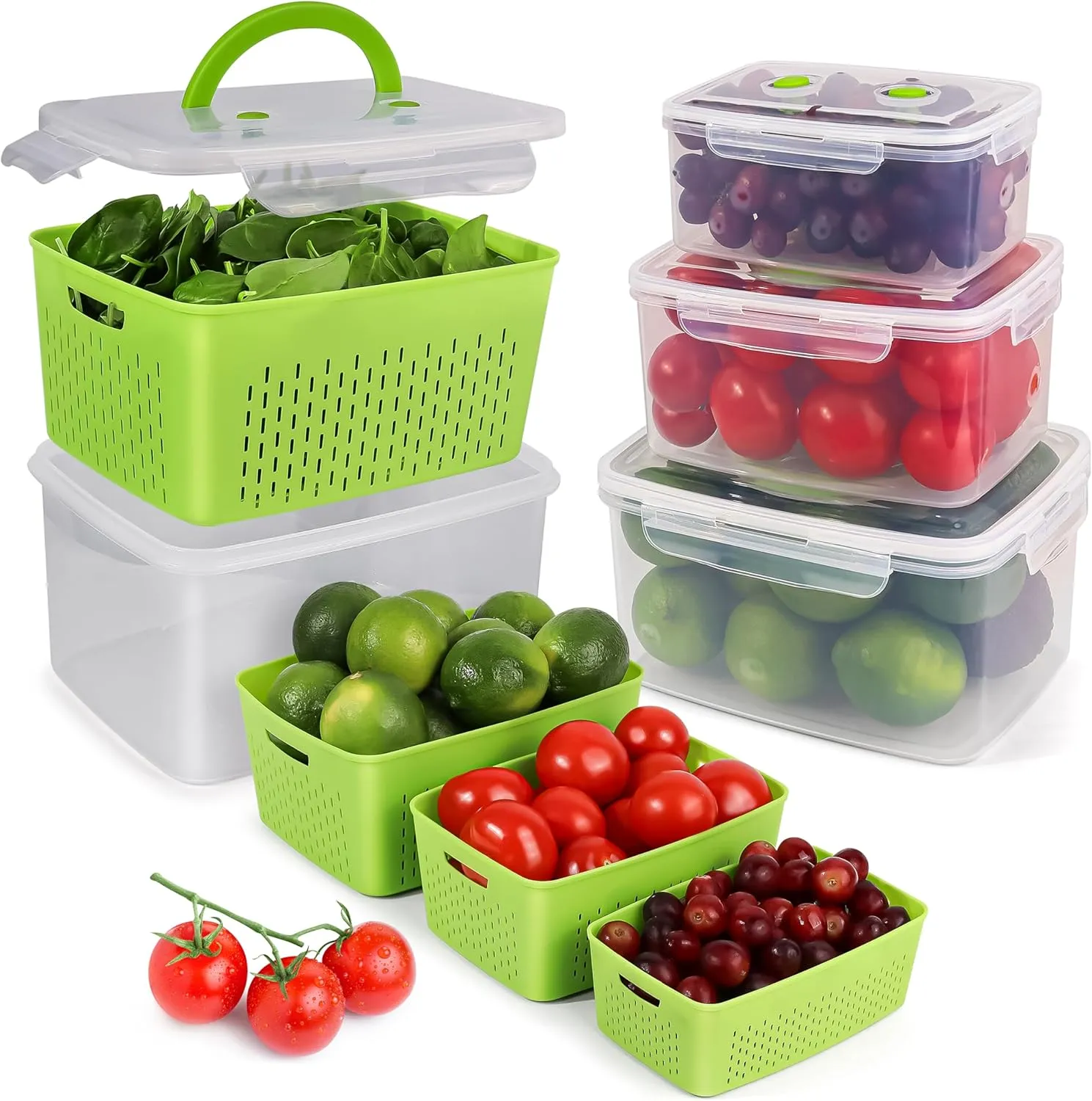 Fruit Storage Containers for Fridge | Fruit Vegetable Storage & Produce Storage | Space-Saving Produce Containers for Fridge (Green)