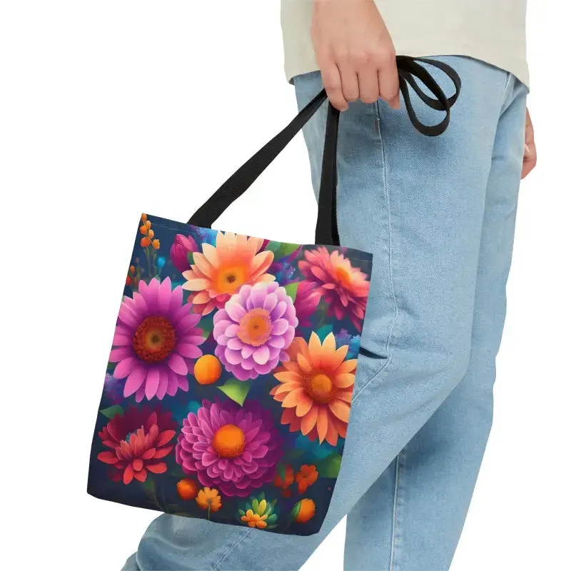 Fun Whimsical Aop Tote Bag with Colorful Flowers