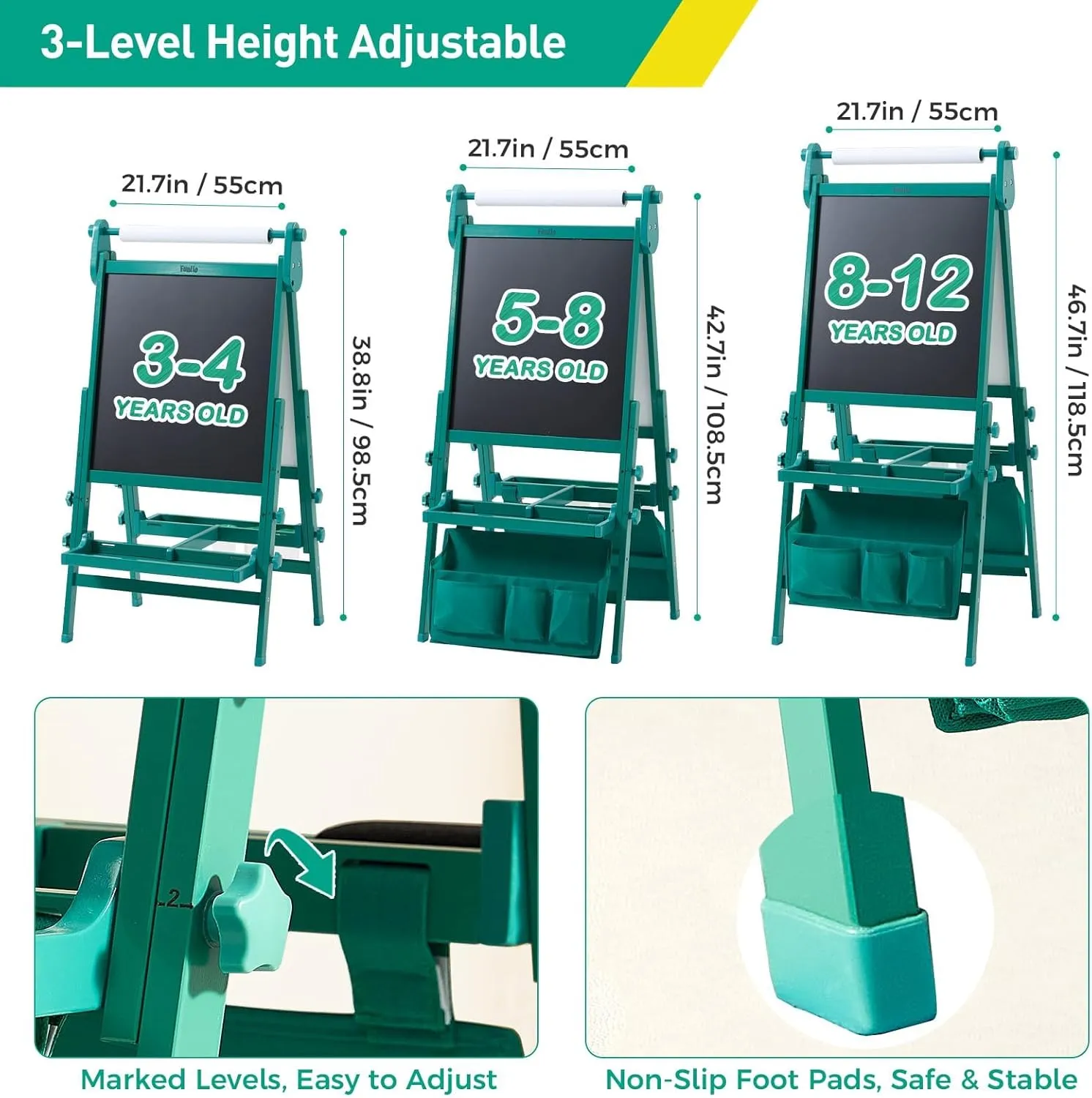FUNLIO Foldable Anti-Warping Kids Art Easel, 3 Height Adjustable Toddler Easel, All-in-One for Kids Aged 3-8 with Paper Roll, Standing Easel with Magnetic Chalkboard/Whiteboard - Viridian Foldable