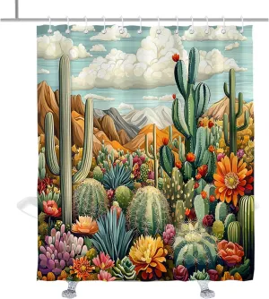 Funny Cactus and Flower Shower Curtain, Boho Modern Bathroom Accessory, Durable Shower Curtains for Camper 72" W x 84" H with Hooks