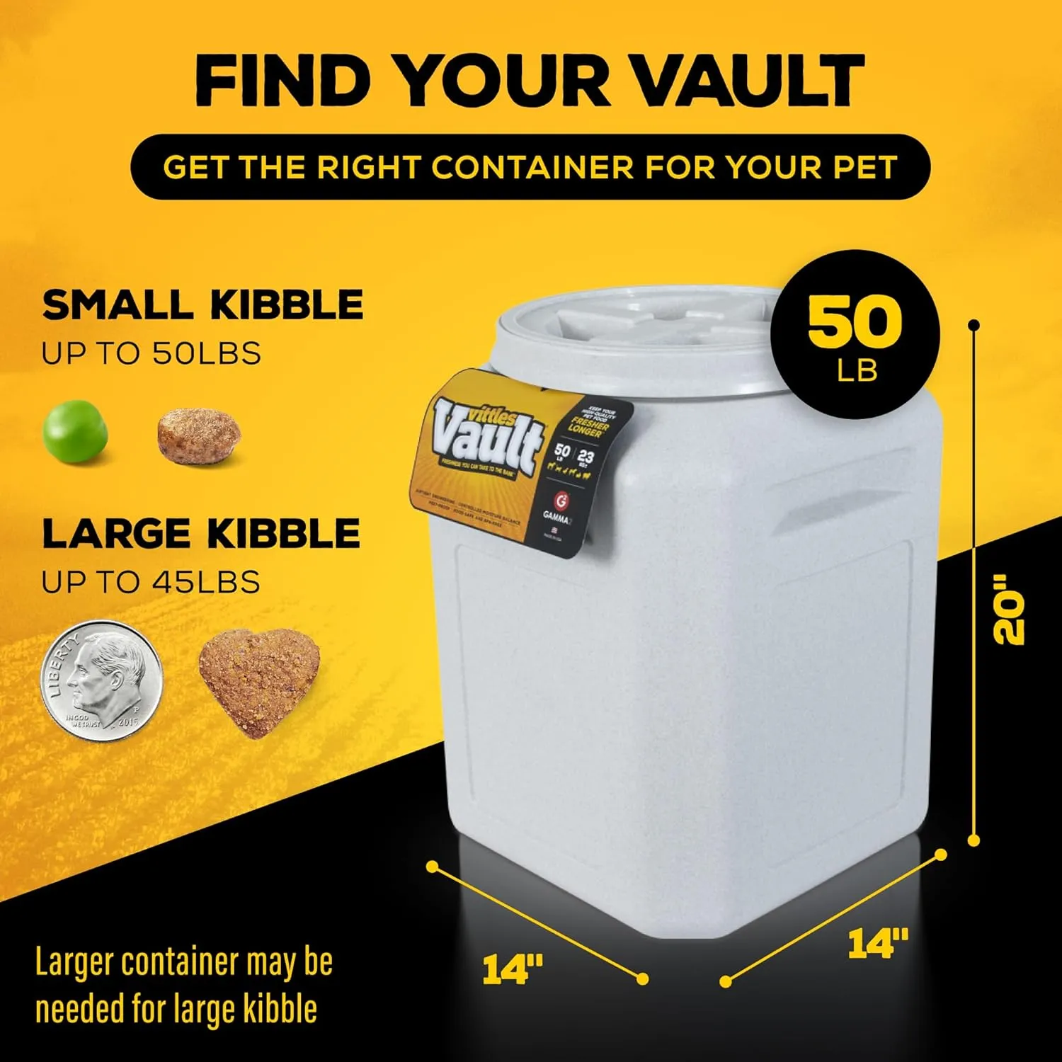 Gamma2 Vittles Vault Pet Food Storage Containers - Sealed Dog and Cat Food Storage Container, Fits up to 50lbs, Made in the USA - [14"L x 20"H]
