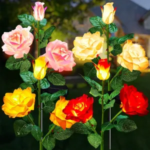 Garden 4 Pack LED Solar Flower Lights with Larger & More Realistic Rose Flowers, Bigger Solar Panel, Waterproof Solar Outdoor Lights for Yard Patio Lawn Pathway Walkway Decoration