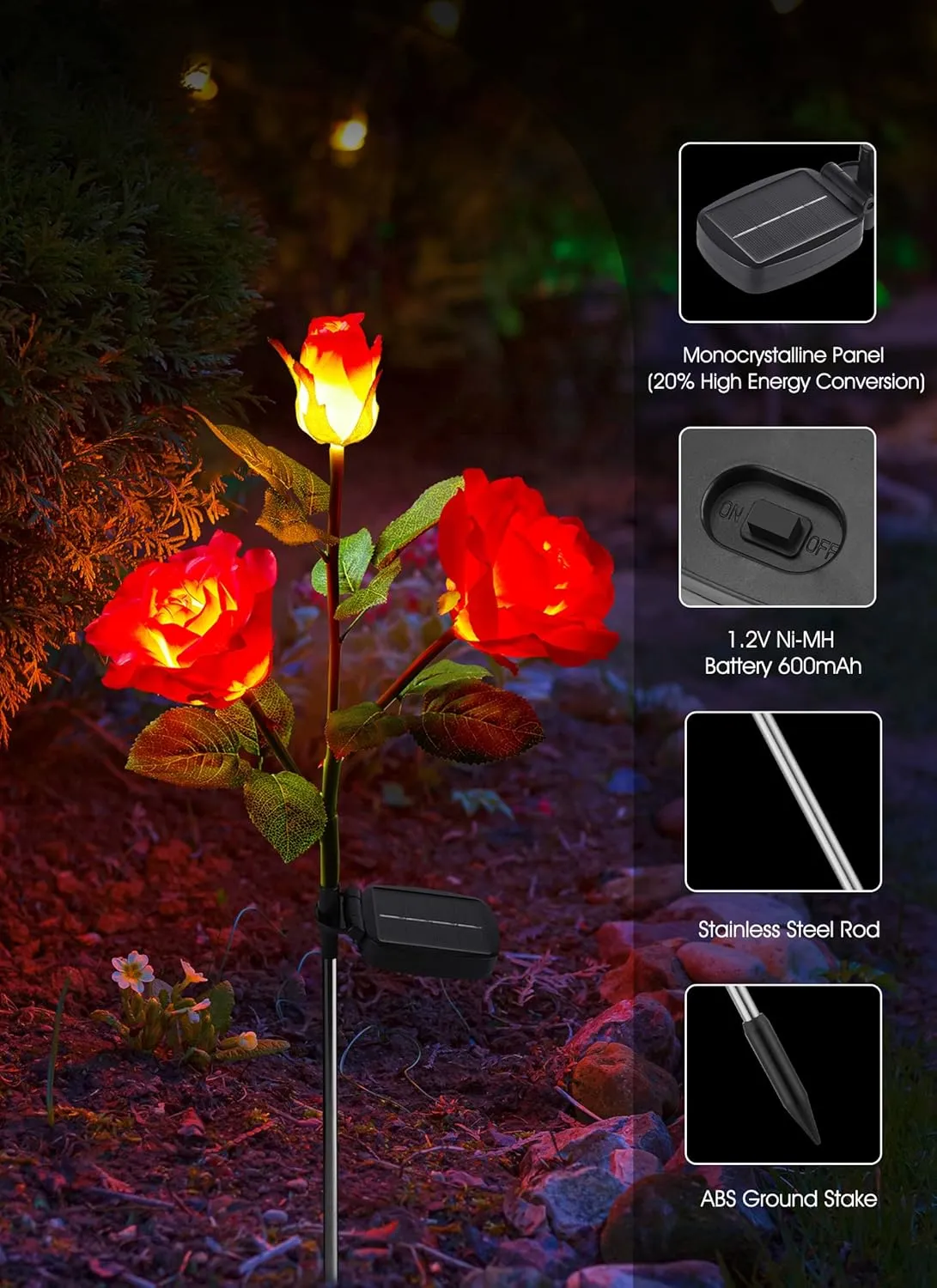 Garden 4 Pack LED Solar Flower Lights with Larger & More Realistic Rose Flowers, Bigger Solar Panel, Waterproof Solar Outdoor Lights for Yard Patio Lawn Pathway Walkway Decoration