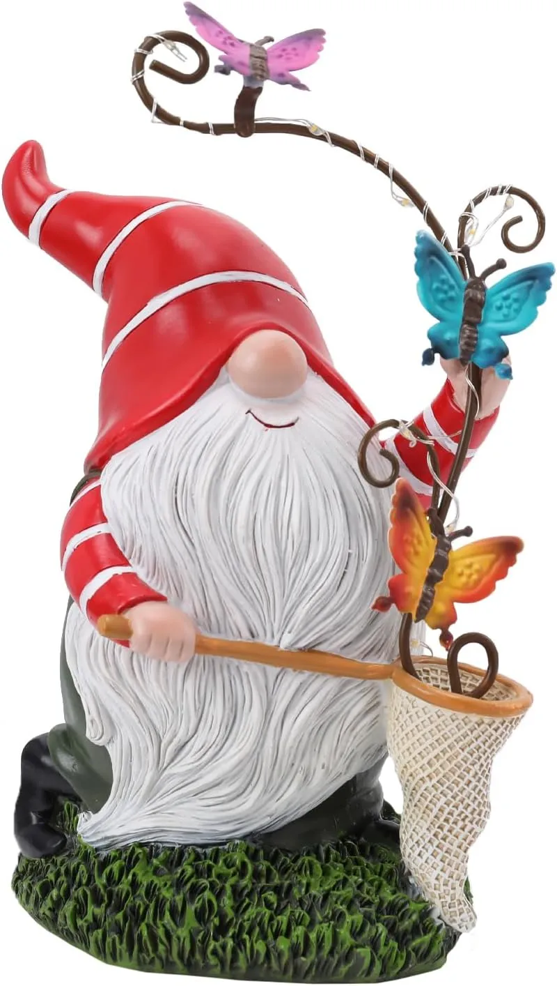 Garden Gnome Statue, Solar Funny Gnomes Figurine Catching Butterflies with LED Lights Waterproof Resin Outdoor Decor for Patio Lawn Yard Home Tabletop Decoration