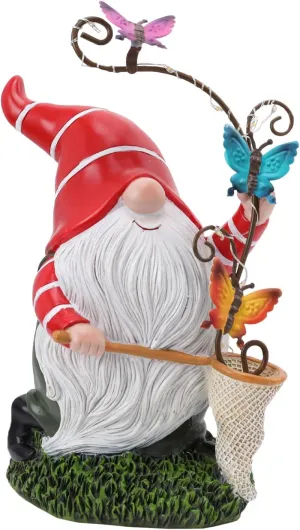 Garden Gnome Statue, Solar Funny Gnomes Figurine Catching Butterflies with LED Lights Waterproof Resin Outdoor Decor for Patio Lawn Yard Home Tabletop Decoration