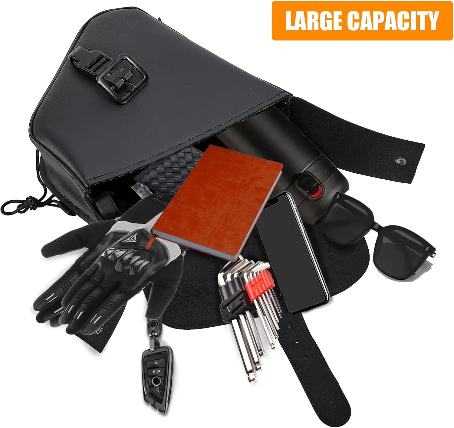 GARGOYLE BELLS Motorcycle Swing Arm Bag Solo Saddle Bags For Sportster Softail PVC Waterproof Motorcycle Luggage Bags for Motorcycle or Bike (Left Side, Black-Single Buckle)