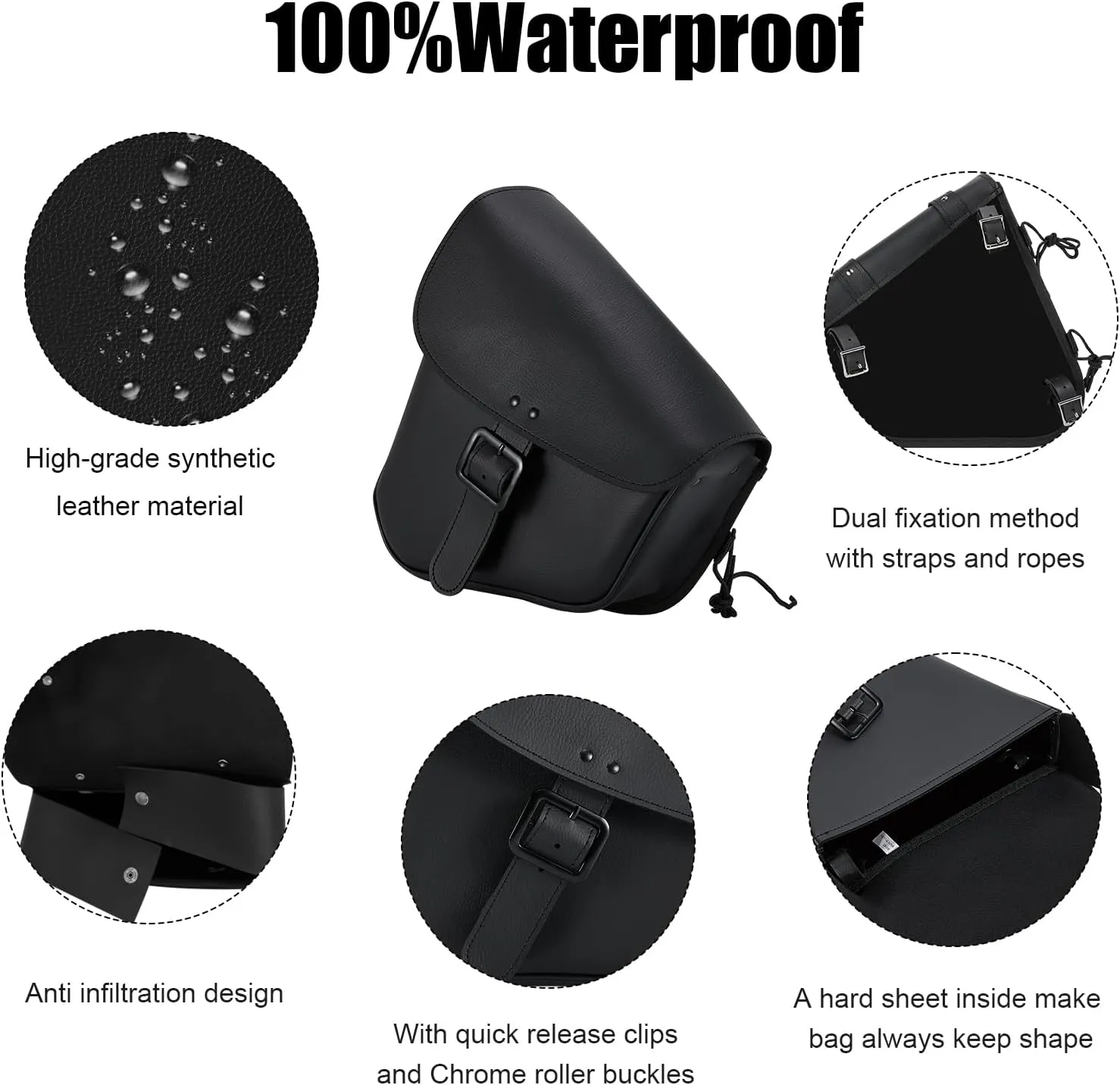 GARGOYLE BELLS Motorcycle Swing Arm Bag Solo Saddle Bags For Sportster Softail PVC Waterproof Motorcycle Luggage Bags for Motorcycle or Bike (Left Side, Black-Single Buckle)