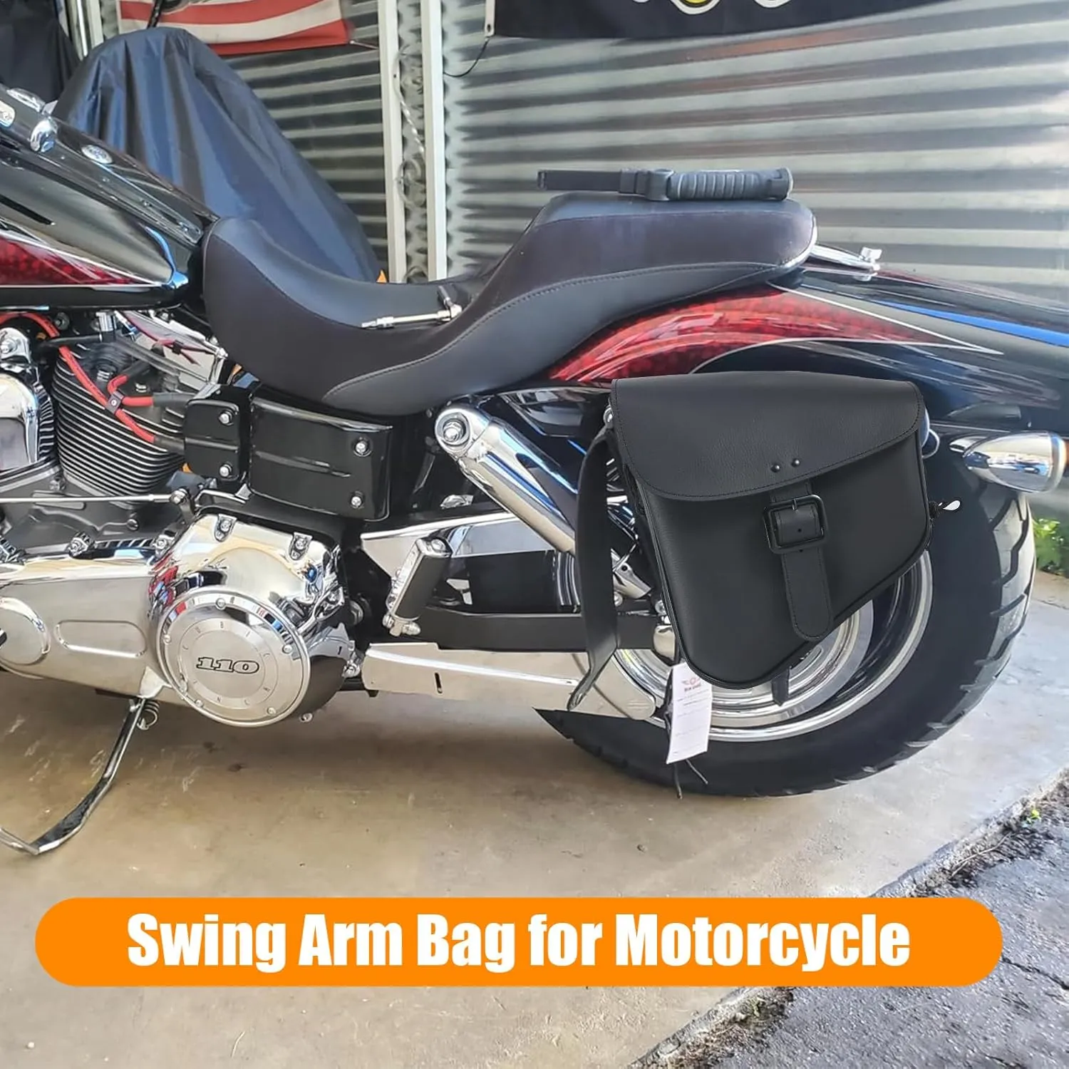 GARGOYLE BELLS Motorcycle Swing Arm Bag Solo Saddle Bags For Sportster Softail PVC Waterproof Motorcycle Luggage Bags for Motorcycle or Bike (Left Side, Black-Single Buckle)