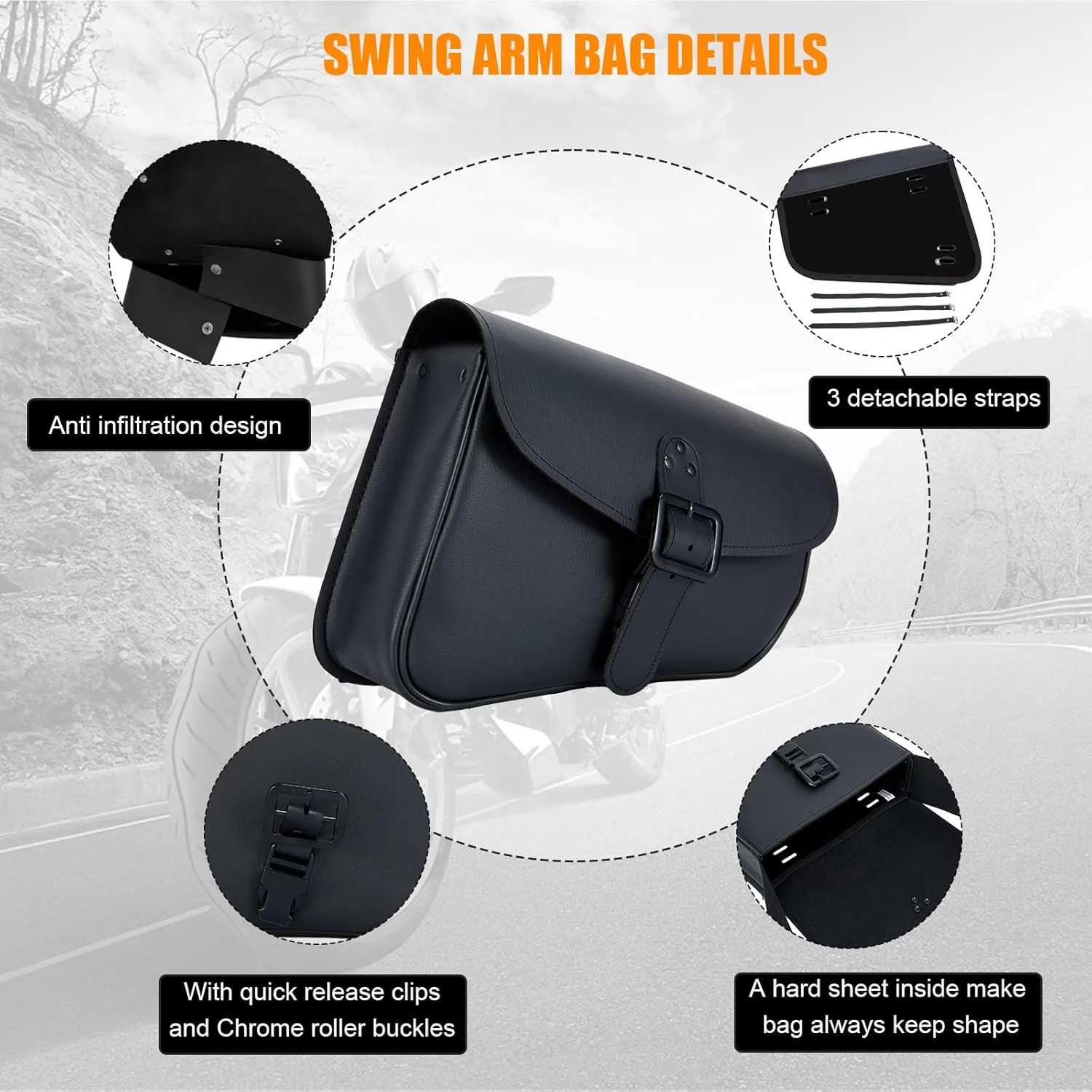GARGOYLE BELLS Motorcycle Swingarm Bag Synthetic Leather Solo Swing Arm Bags For Softails and Choppers Motorcycle Luggage Bags Saddle Bags (2-Right Side, Black, 12"X4"X8")