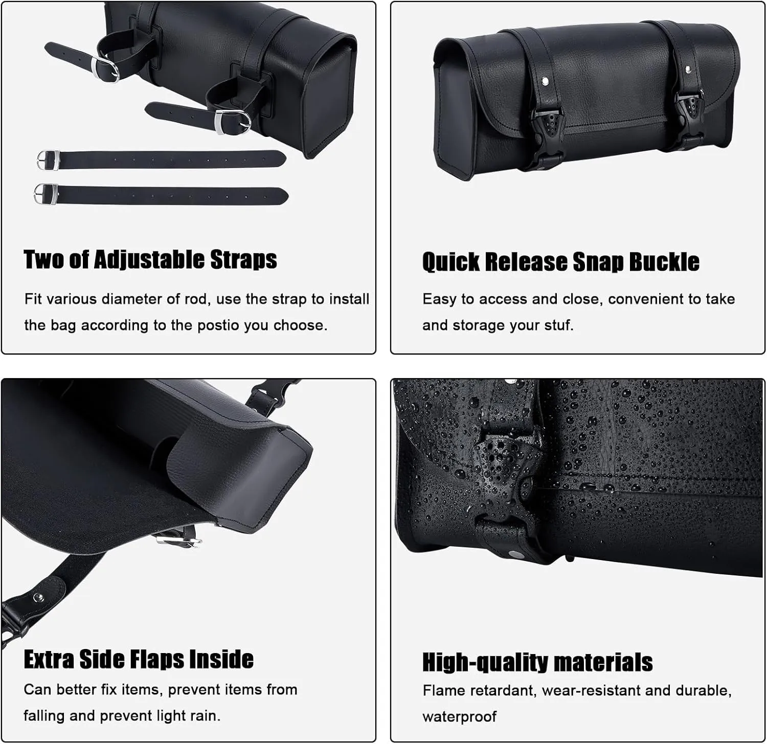 GARGOYLE BELLS Motorcycle Tool Bags with Studs Handlebar Bag Universal Motorcycle Fork Bag Saddlebags Sissy Bar Storage Tool Bag for Motorcycle (No Stud, Black, 12”X3.5“X4.75”)