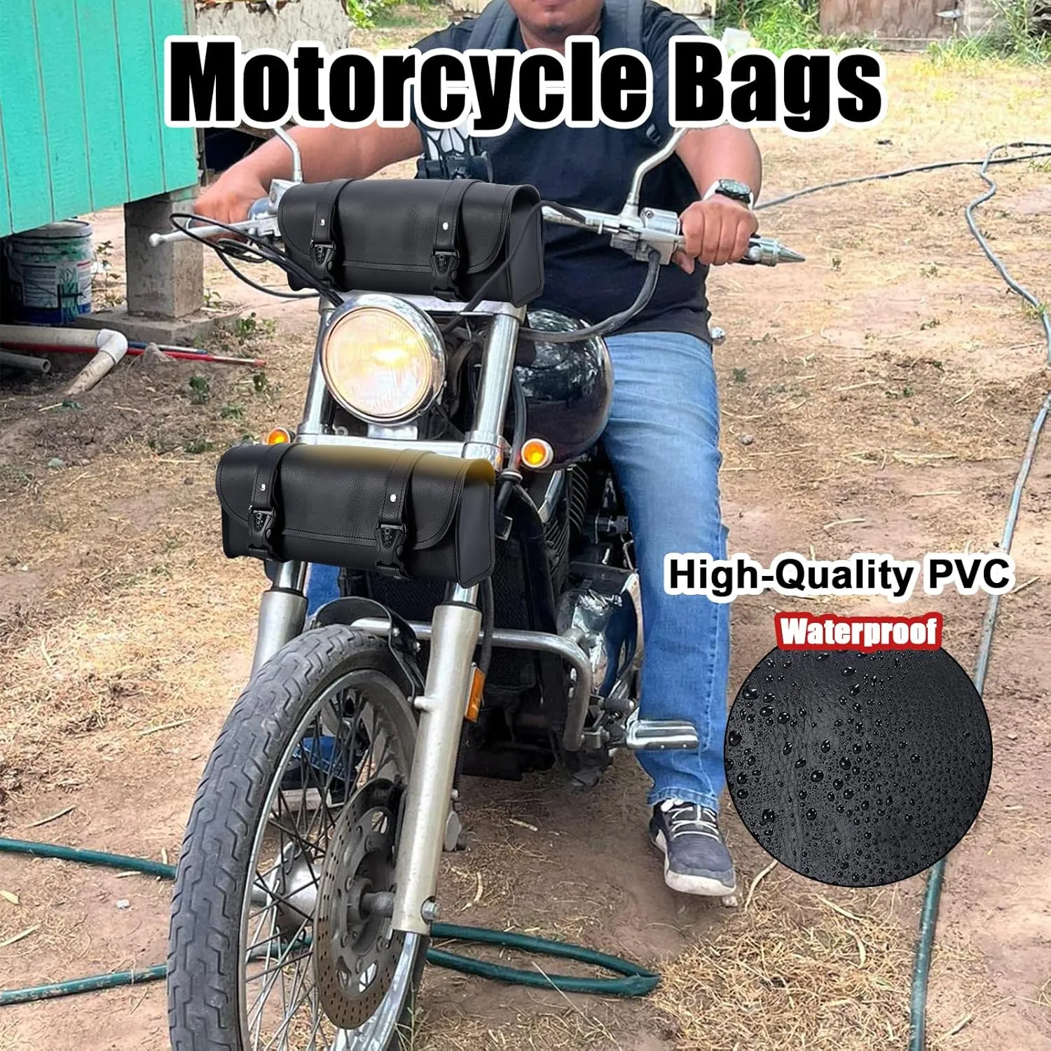 GARGOYLE BELLS Motorcycle Tool Bags with Studs Handlebar Bag Universal Motorcycle Fork Bag Saddlebags Sissy Bar Storage Tool Bag for Motorcycle (No Stud, Black, 12”X3.5“X4.75”)