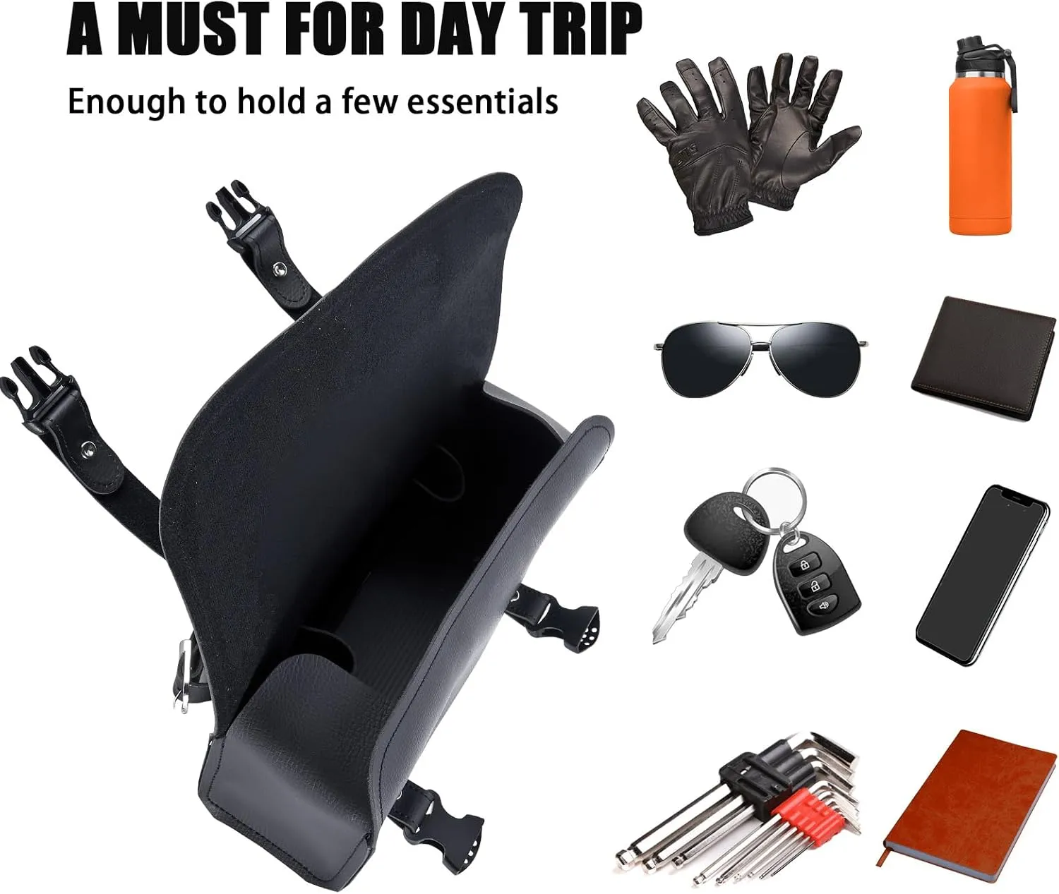 GARGOYLE BELLS Motorcycle Tool Bags with Studs Handlebar Bag Universal Motorcycle Fork Bag Saddlebags Sissy Bar Storage Tool Bag for Motorcycle (No Stud, Black, 12”X3.5“X4.75”)