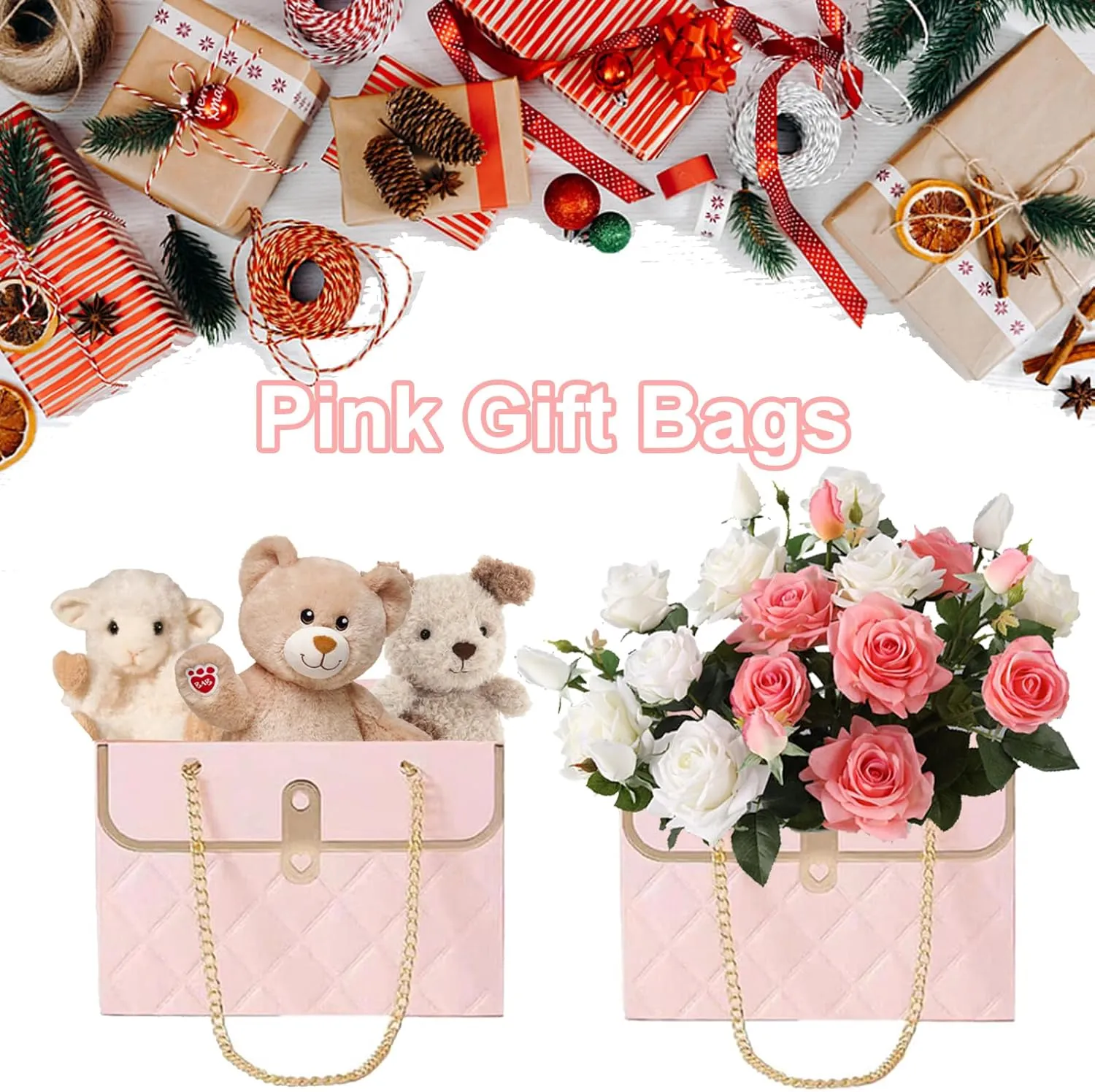 Gavaxer 10Pcs Flower Bags for Bouquets - Paper Flower Gift Bags with Handle - Gift Wrapping Bags Florist Handbag for Christmas Mother's Day Valentine's Day Wedding Bridal Shower Decor (White)