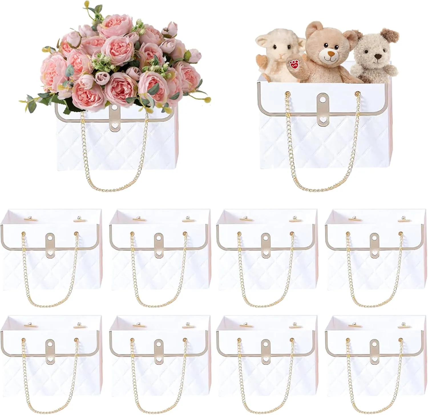 Gavaxer 10Pcs Flower Bags for Bouquets - Paper Flower Gift Bags with Handle - Gift Wrapping Bags Florist Handbag for Christmas Mother's Day Valentine's Day Wedding Bridal Shower Decor (White)