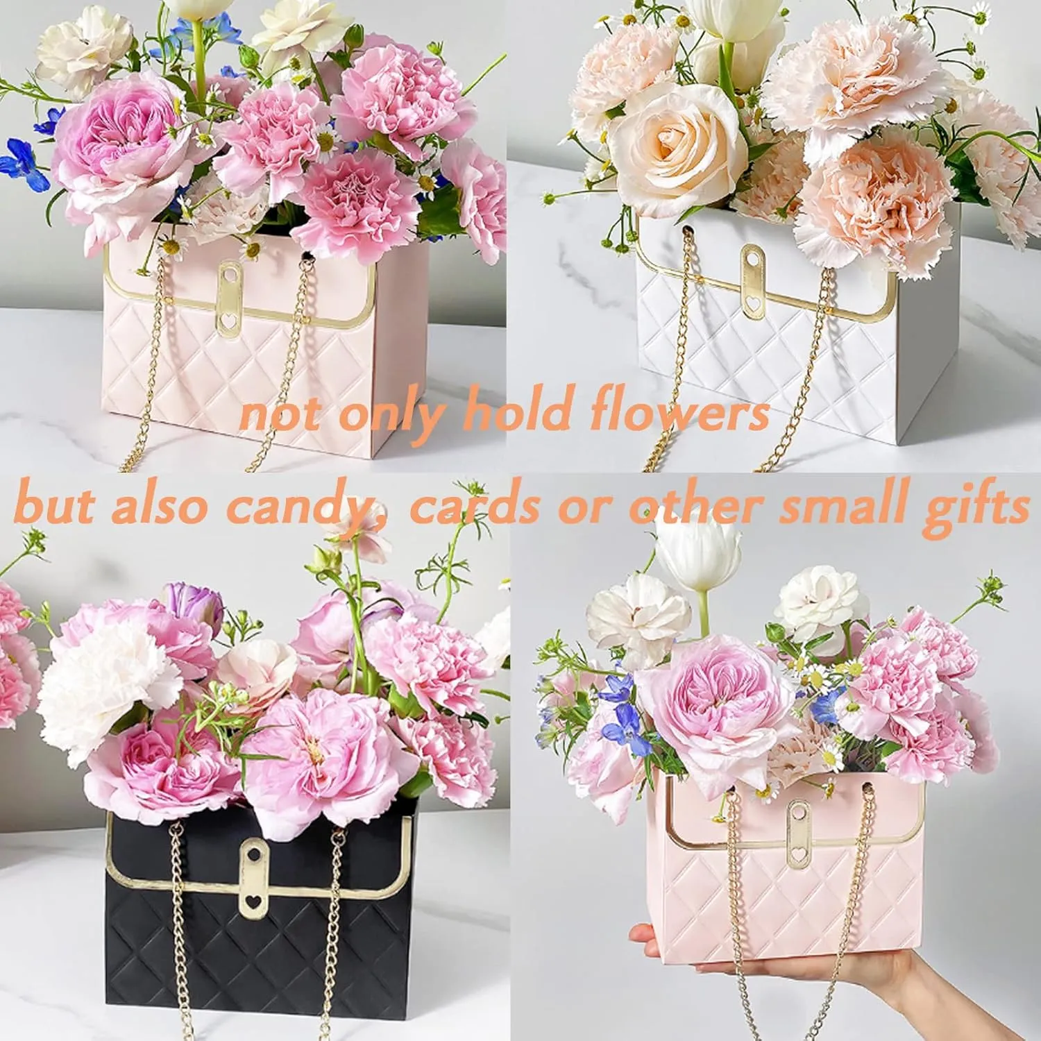 Gavaxer 10Pcs Flower Bags for Bouquets - Paper Flower Gift Bags with Handle - Gift Wrapping Bags Florist Handbag for Christmas Mother's Day Valentine's Day Wedding Bridal Shower Decor (White)