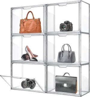 Geetery 6 Pack Large Acrylic Display Case with Magnetic Door Clear Purse Handbag Storage Box Plastic Storage Organizer for Closet Stackable Shoe Box Dustproof Showcase for Wallet Book Toy Clutch