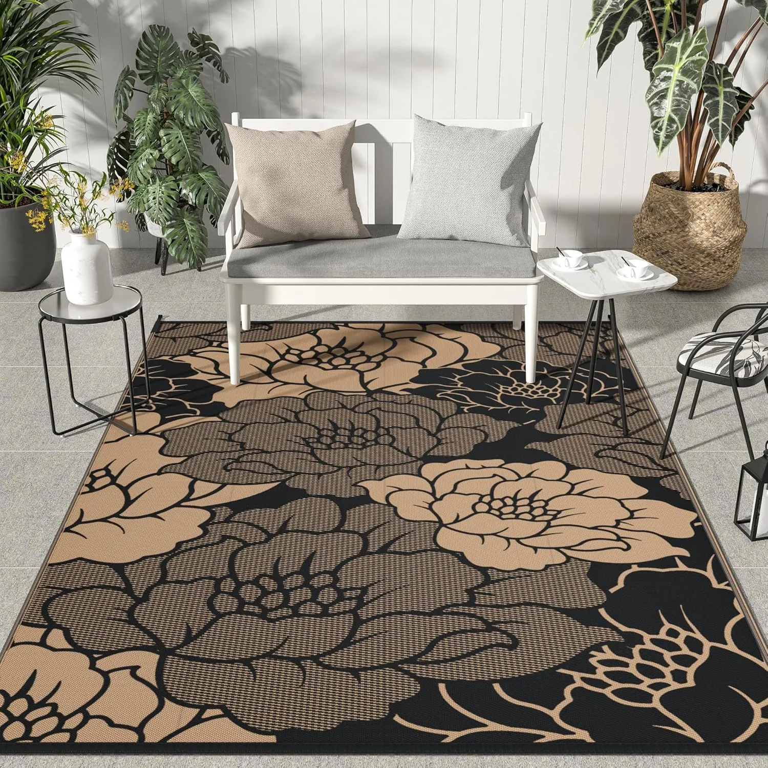 GENIMO Outdoor Rug Waterproof for Patio Decor, 6' x 9' Reversible Plastic Straw Floral Camping Carpet, Large Area Rugs Mats for RV, Camper, Deck, Balcony, Porch, Beach, Picnic, Mix-Black & Brown