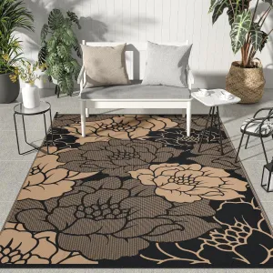 GENIMO Outdoor Rug Waterproof for Patio Decor, 6' x 9' Reversible Plastic Straw Floral Camping Carpet, Large Area Rugs Mats for RV, Camper, Deck, Balcony, Porch, Beach, Picnic, Mix-Black & Brown