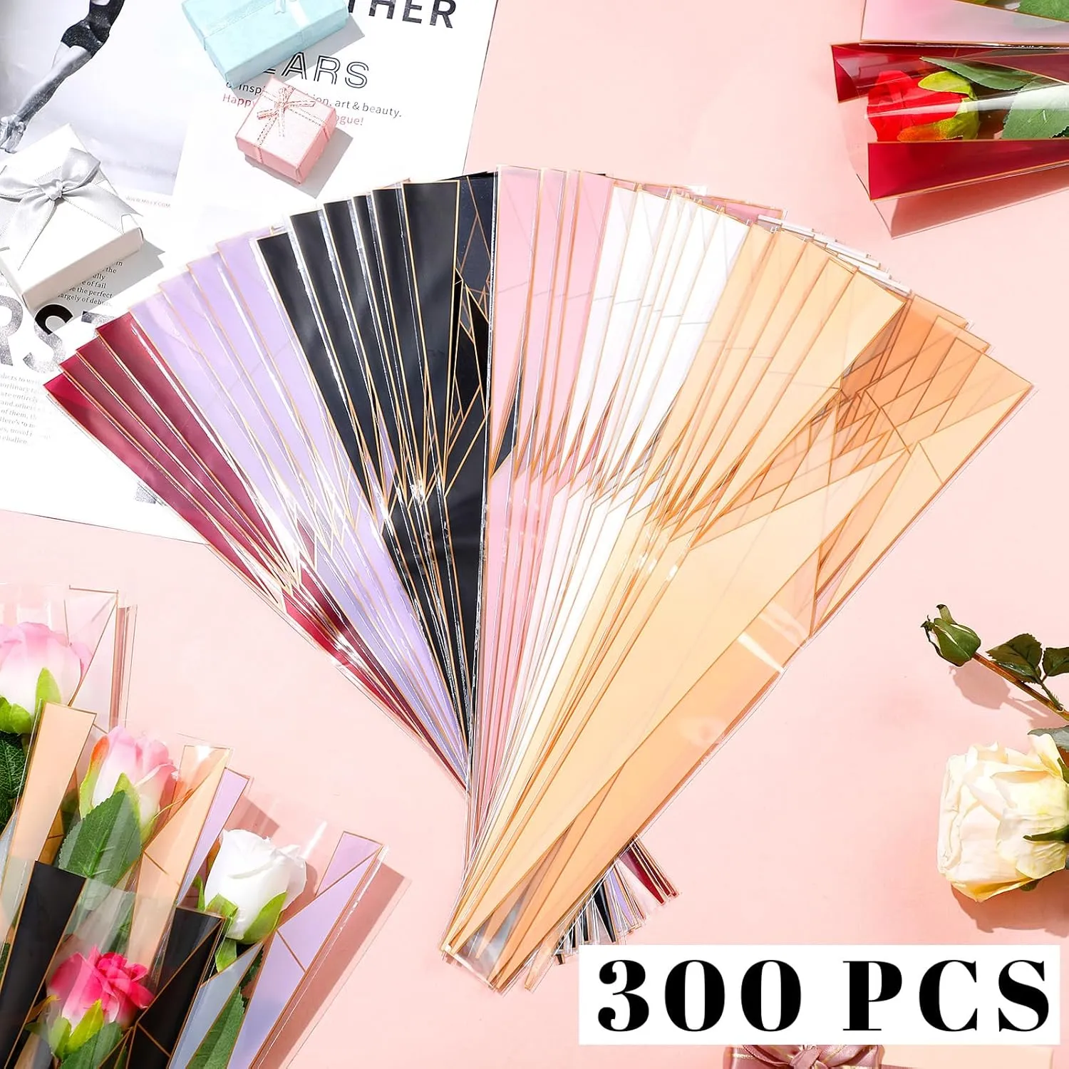 Geyee 300 Pcs Single Rose Sleeve Single Flower Wrapping Bags Flower Sleeves Floral Sleeve Bag Plastic for Mother's Day Graduation Florist Wedding Gifts Supplies, 6 Colors